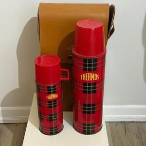 Vintage‎ Thermos Rec and Black Plaid Retro with Safari Case 1960's Collector